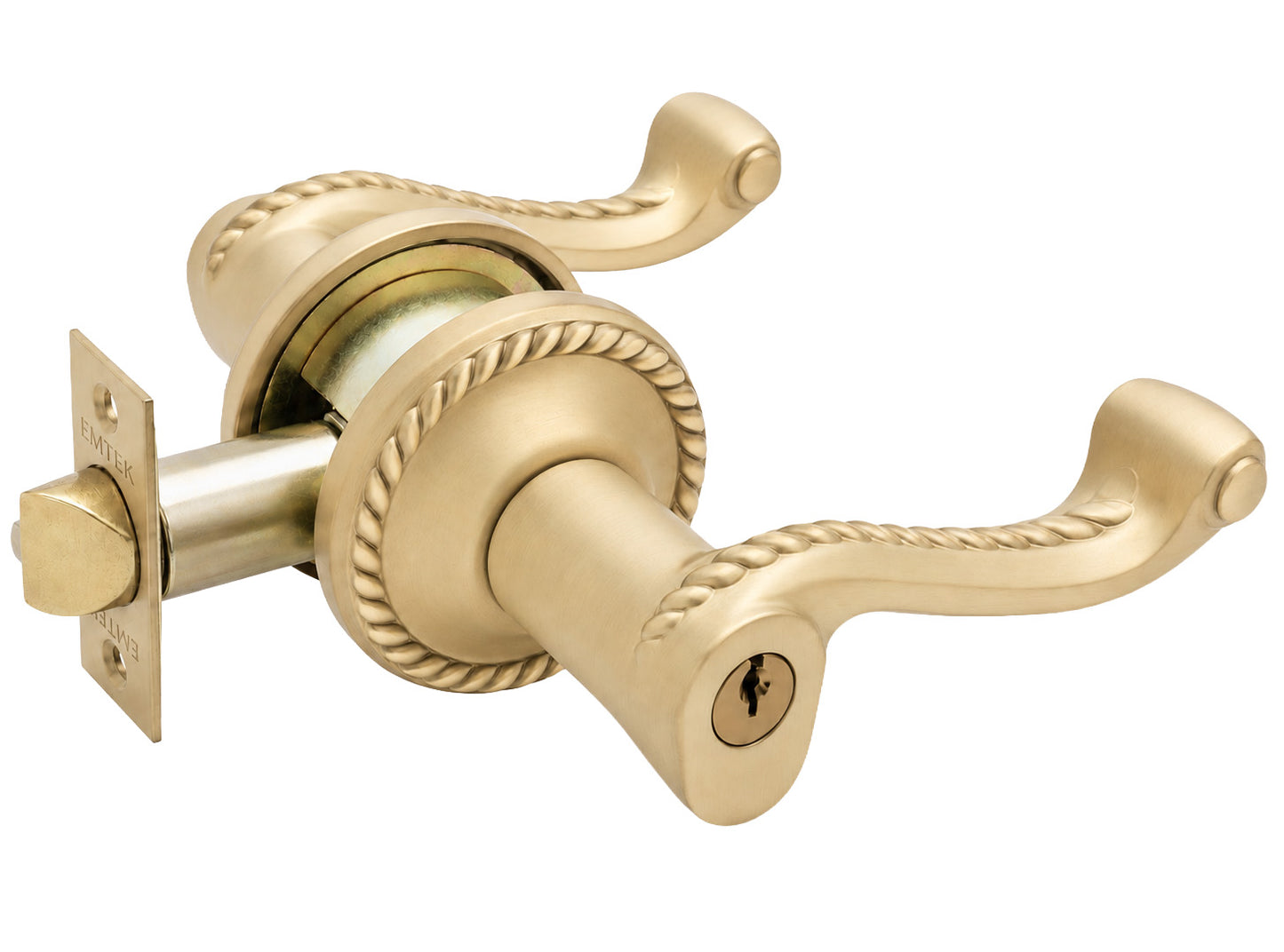 Emtek rope keyed lever with rope rosette shown in a satin brass finish.