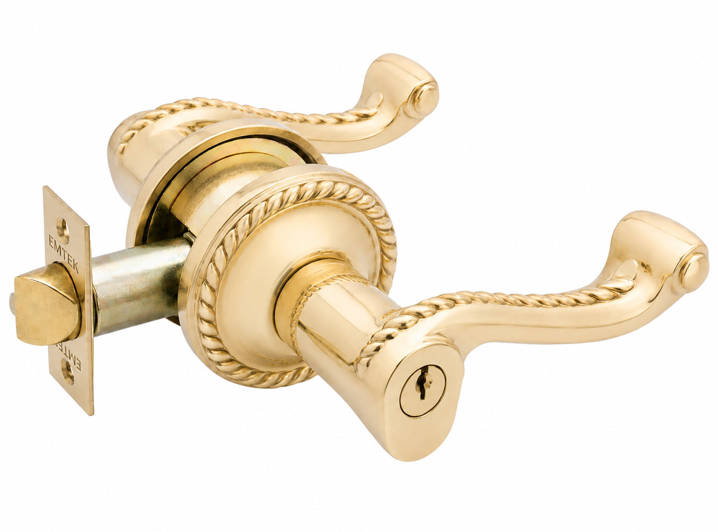 Emtek rope keyed lever with rope rosette shown in a French antique brass finish.