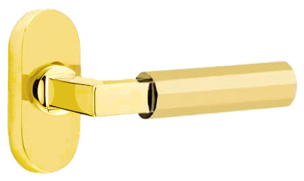Emtek L-Square Faceted Grip Door Lever with 1 1/2 x 3 inch Oval Stretto Rosette in Unlacquered Brass Finish