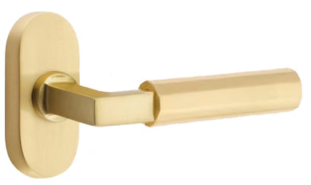 Emtek L-Square Faceted Grip Door Lever with 1 1/2 x 3 inch Oval Stretto Rosette in Satin Brass Finish