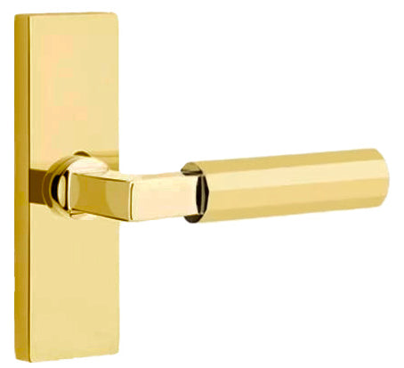 Emtek L-Square Faceted Grip Door Lever with 1 1/2 x 5 inch Rectangular Stretto Rosette in Unlacquered Brass Finish