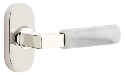 Emtek L-Square White Marble Grip  Door Lever with 1 1/2 x 3 inch Oval Stretto Rosette in Polished Nickel Finish
