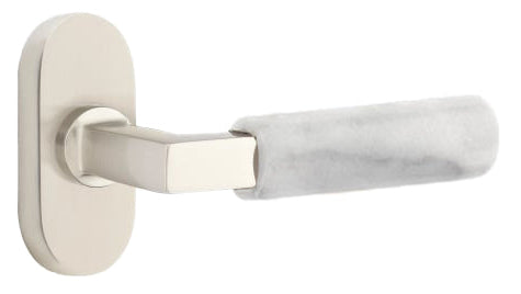 Emtek L-Square White Marble Grip  Door Lever with 1 1/2 x 3 inch Oval Stretto Rosette in Satin Nickel Finish