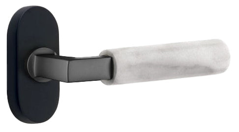 Emtek L-Square White Marble Grip  Door Lever with 1 1/2 x 3 inch Oval Stretto Rosette in Flat Black Finish