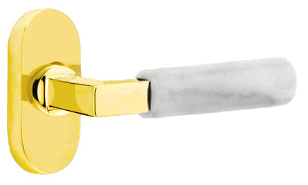 Emtek L-Square White Marble Grip  Door Lever with 1 1/2 x 3 inch Oval Stretto Rosette in Unlacquered Brass Finish