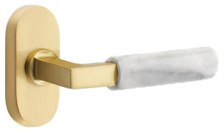Emtek L-Square White Marble Grip  Door Lever with 1 1/2 x 3 inch Oval Stretto Rosette in Satin Brass Finish