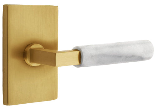 Emtek L-Square White Marble Grip Lever with Rectangular Rosette with French Antique Finish