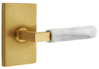 Emtek L-Square White Marble Grip Lever with Rectangular Rosette with French Antique Finish