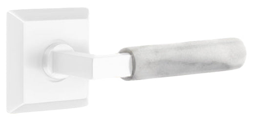 Emtek L-Square White Marble Grip Door Lever with Quincy Rosette in Matte White Finish