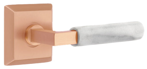 Emtek L-Square White Marble Grip Door Lever with Quincy Rosette in Satin Rose Gold Finish