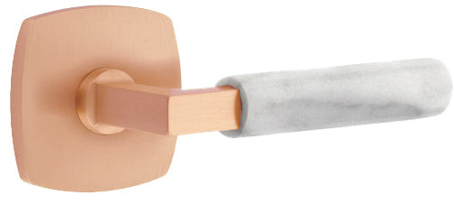  Emtek L-Square White Marble Grip Door Lever with Urban Rosette in Satin Rose Gold Finish