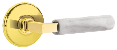 Emtek L-Square White Marble Grip Door Lever with Watford Rosette in Unlacquered Brass Finish