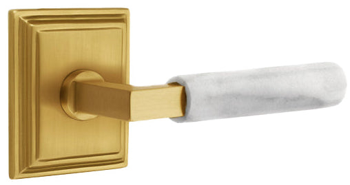 Emtek L-Square White Marble Grip Door Lever with Wilshire Rosette in French Antique Finish