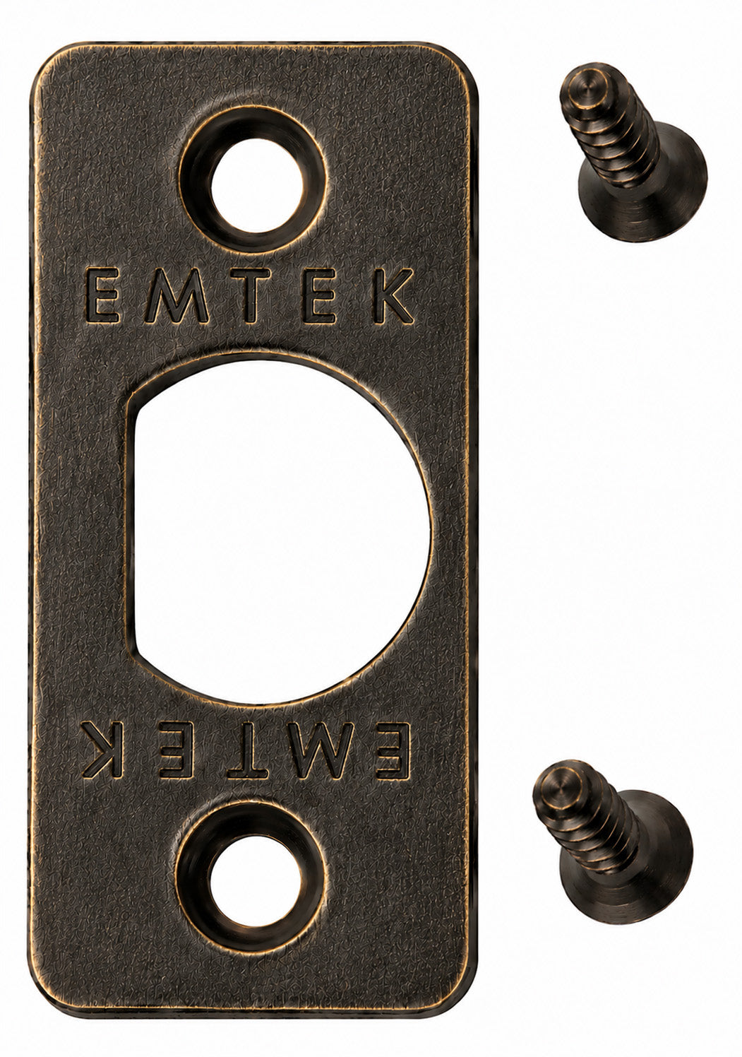 Emtek rounded corner latch faceplate shown in a sandcast medium bronze finish with included screws.