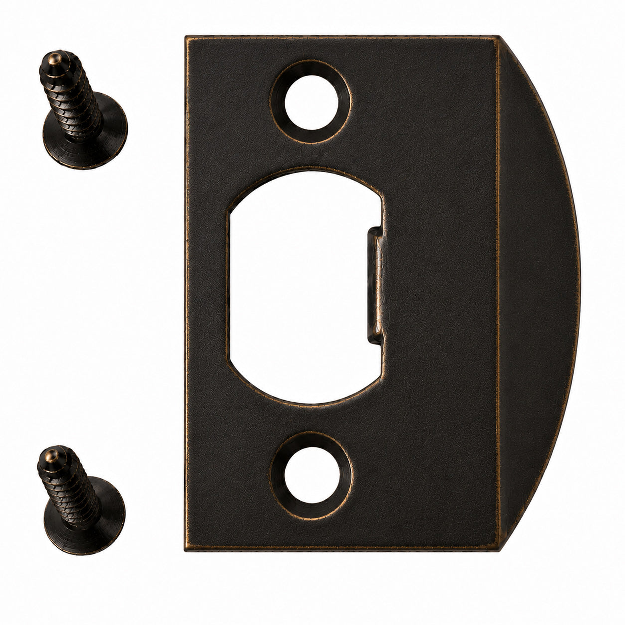 Emtek square corner standard size full lip strike shown in a sandcast medium bronze finish.