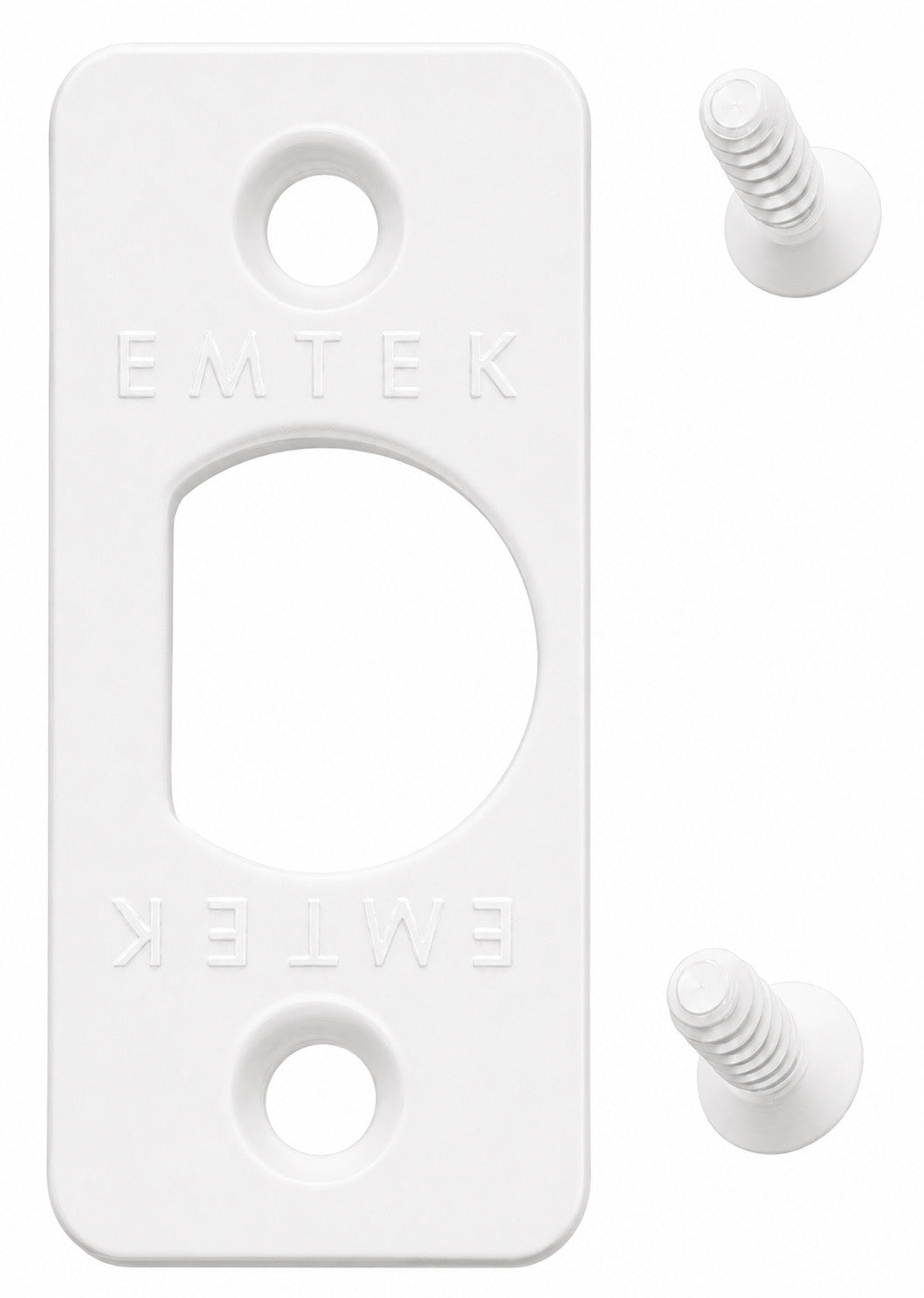 Emtek rounded corner latch faceplate shown in a matte white finish with included screws.