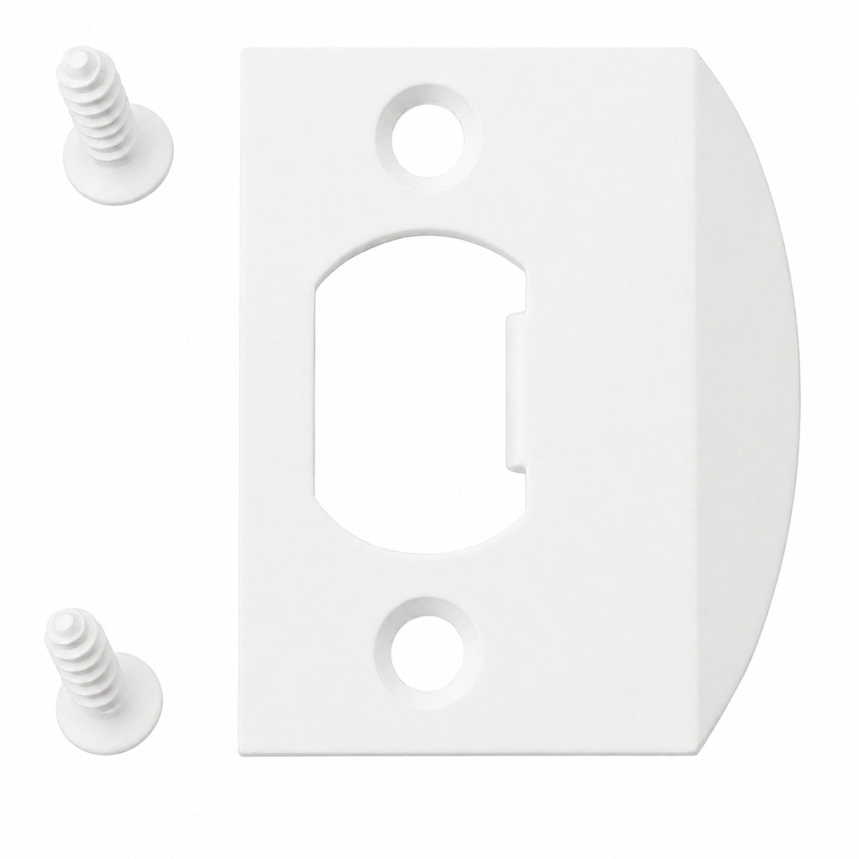Emtek square corner standard size full lip strike shown in a mate white finish.