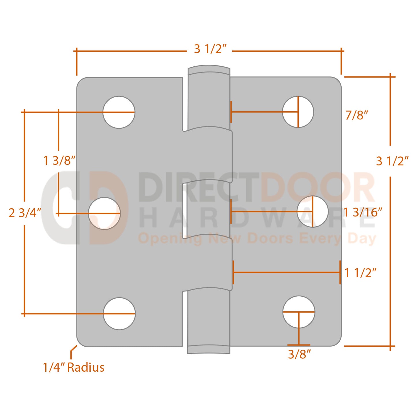Measurements for Emtek 9812332D 3 1/2 x 3 1/2 inch Door Hinge - 1/4 inch Radius