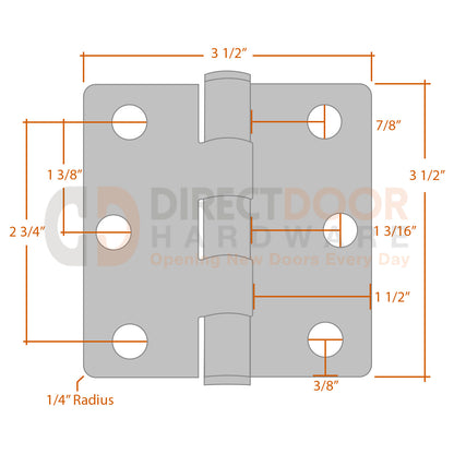 Measurements for Emtek 9812332D 3 1/2 x 3 1/2 inch Door Hinge - 1/4 inch Radius