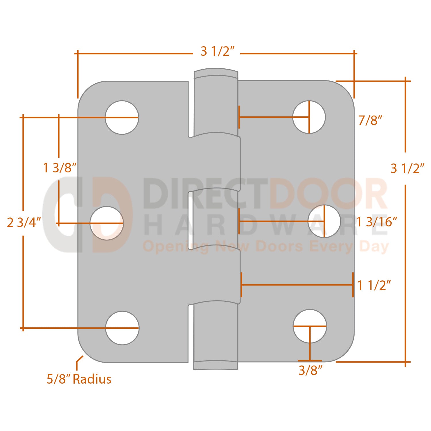 Measurements for Emtek 3.5 inch Residential Duty Door Hinge - 5/8 inch Radius