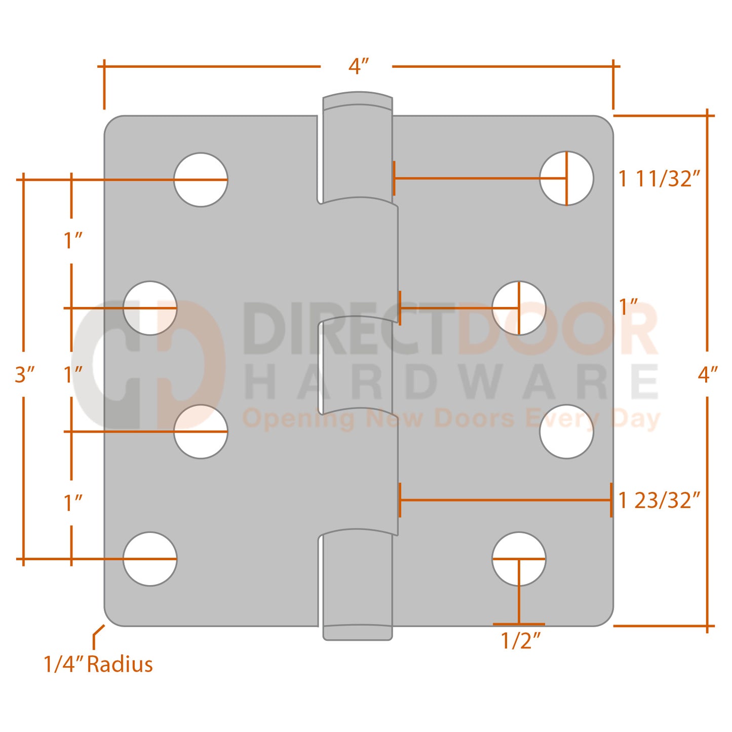 Measurements for Emtek 4x4 Residential Duty Hinge - 1/4 inch Radius
