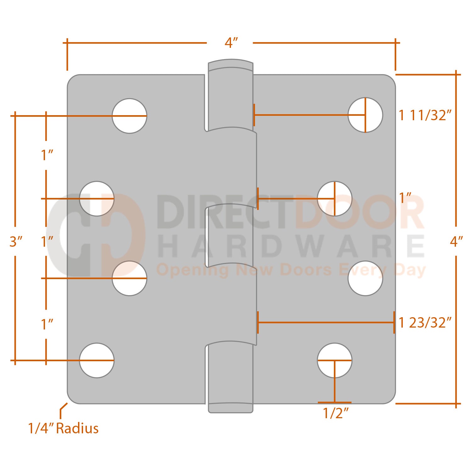 Measurements for Emtek 4x4 Residential Duty Hinge - 1/4 inch Radius