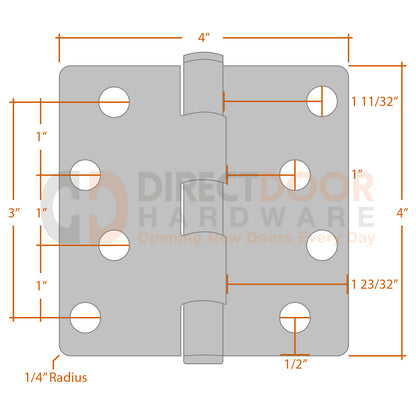 Measurements for Emtek 4x4 Residential Duty Hinge - 1/4 inch Radius