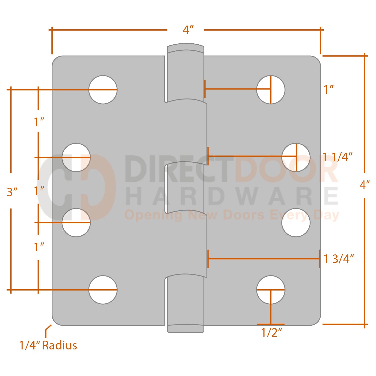 Measurements for Emtek 4x4 Residential Duty Hinge - 1/4 inch Radius
