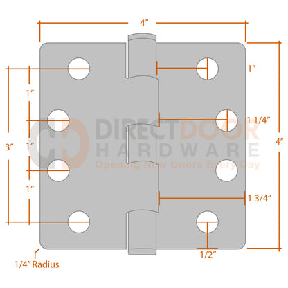 Measurements for Emtek 4x4 Residential Duty Hinge - 1/4 inch Radius
