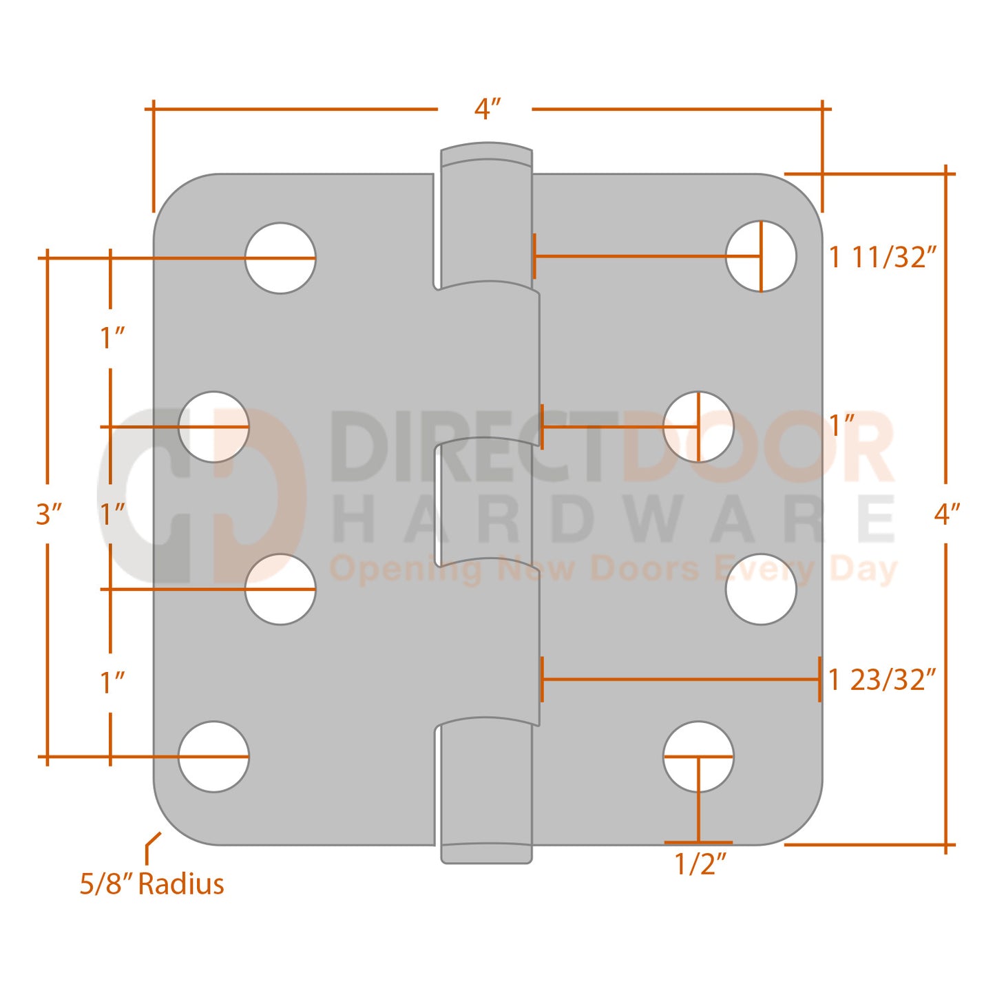 Measurements for Emtek 4x4 Residential Duty Hinge - 5/8 inch Radius
