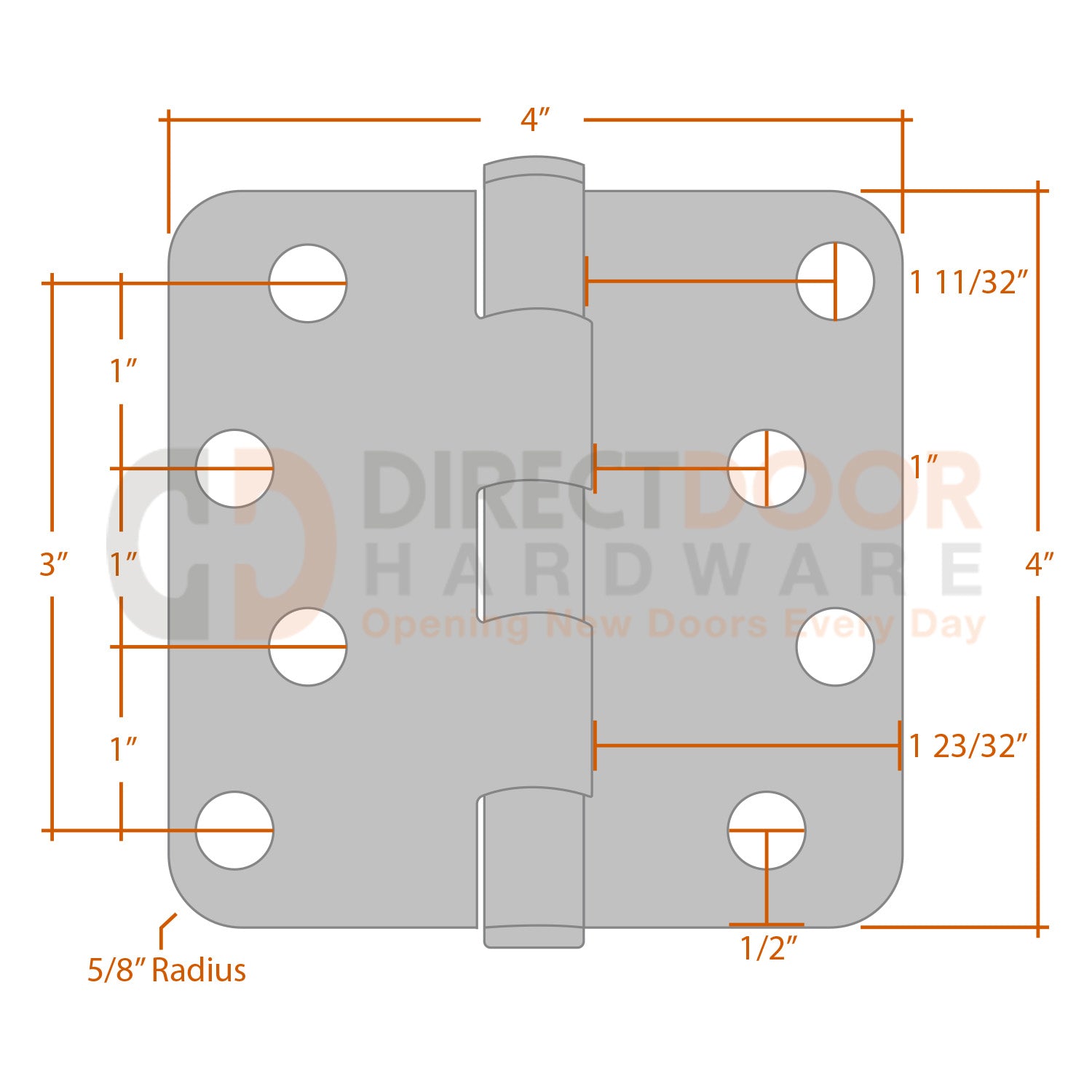 Measurements for Emtek 4x4 Residential Duty Hinge - 5/8 inch Radius