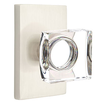 Emtek Square Crystal Knob with Modern Rectangular Rosette - Satin Nickel