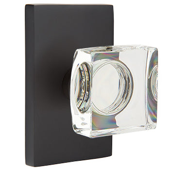 Emtek Square Crystal Knob with Modern Rectangular Rosette - Flat Black