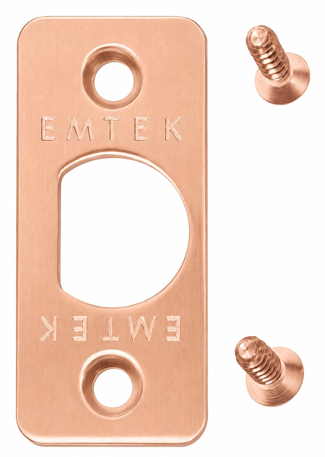 Emtek rounded corner latch faceplate shown in satin rose gold with included screws.