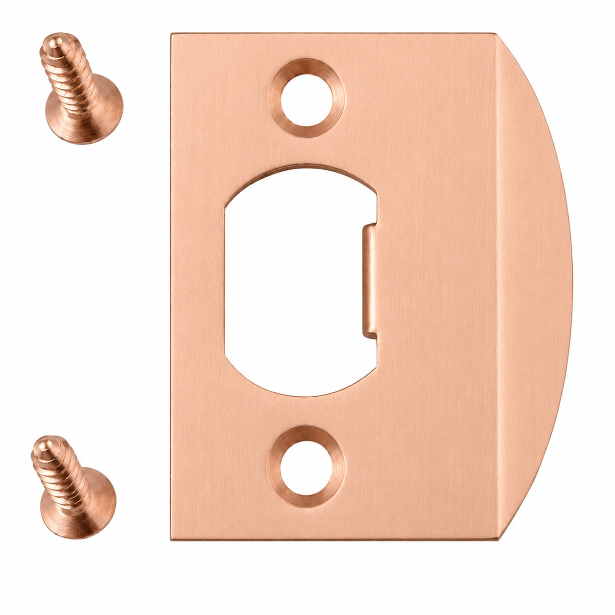 Emtek square corner standard size full lip strike shown in a satin rose gold finish.