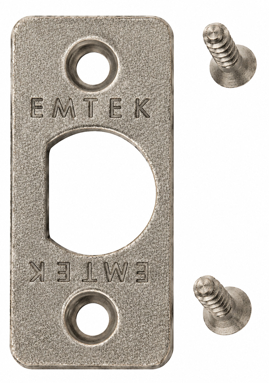 Emtek rounded corner latch faceplate shown in a sandcast tumbled white bronze finish with included screws.