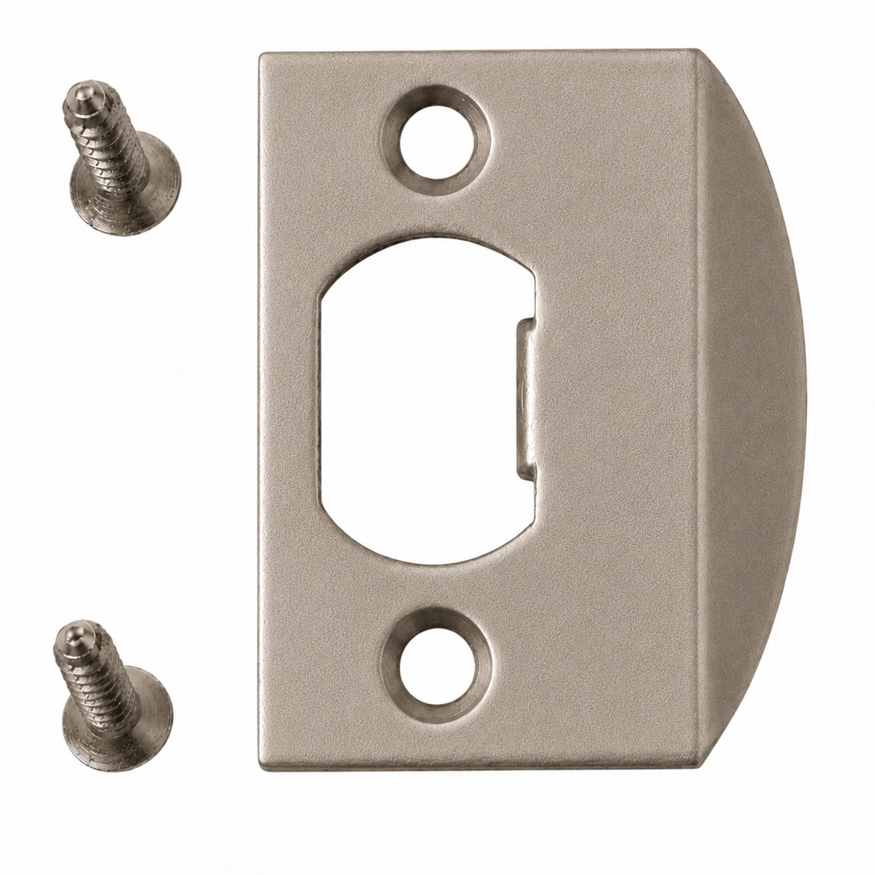 Emtek square corner standard size full lip strike shown in a sandcast tumbled white bronze finish.