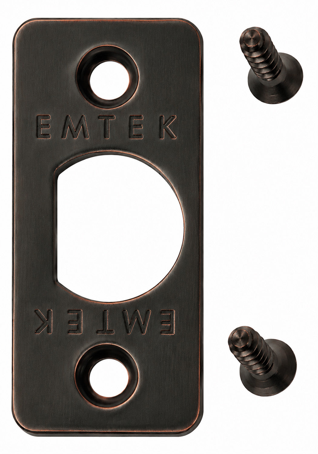 Emtek rounded corner latch faceplate shown in an oil rubbed bronze finish with included screws.