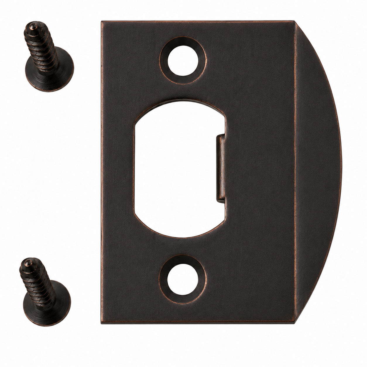 Emtek square corner standard size full lip strike shown in an oil rubbed bronze  finish.