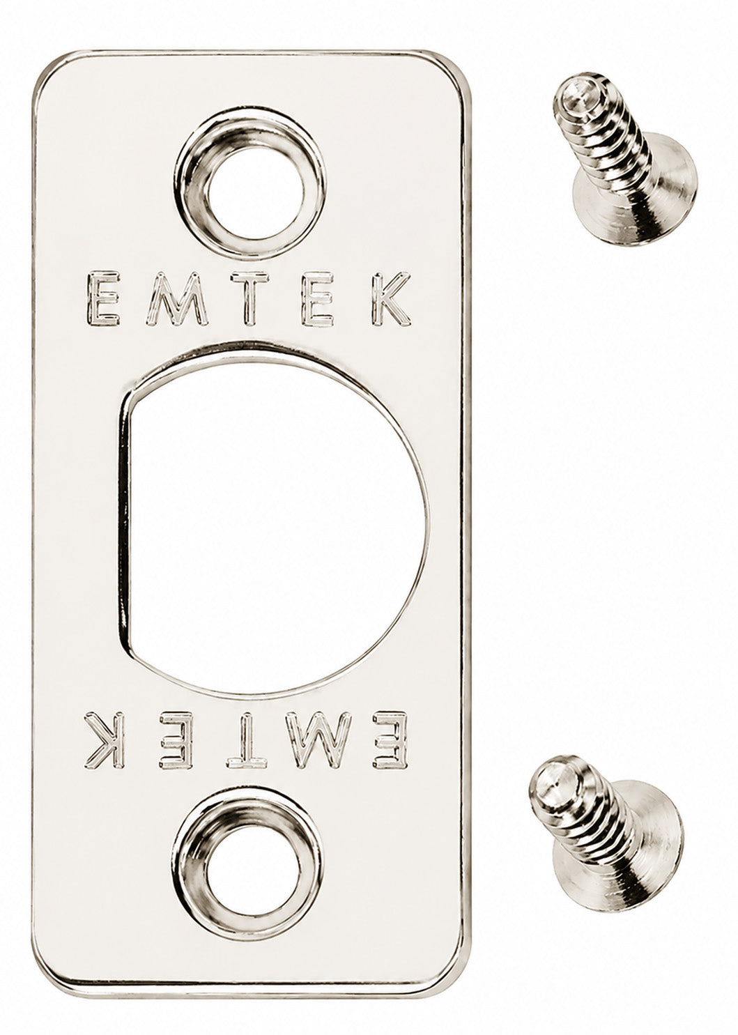 Emtek rounded corner latch faceplate shown in a polished chrome finish with included screws.
