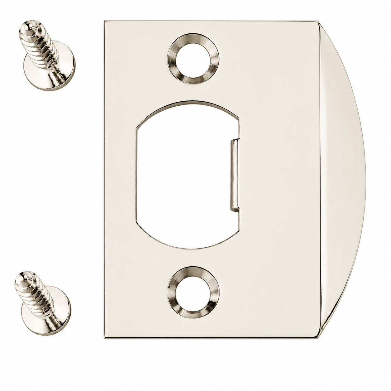 Emtek square corner standard size full lip strike shown in a polished nickel finish.