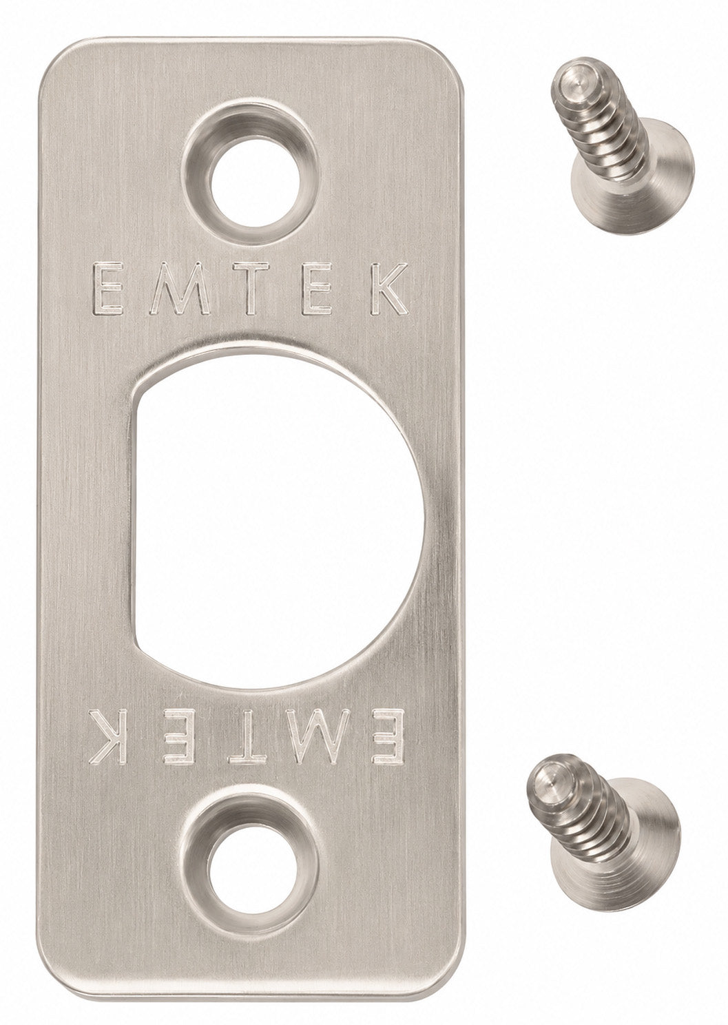 Emtek rounded corner latch faceplate shown in a satin nickel finish with included screws.