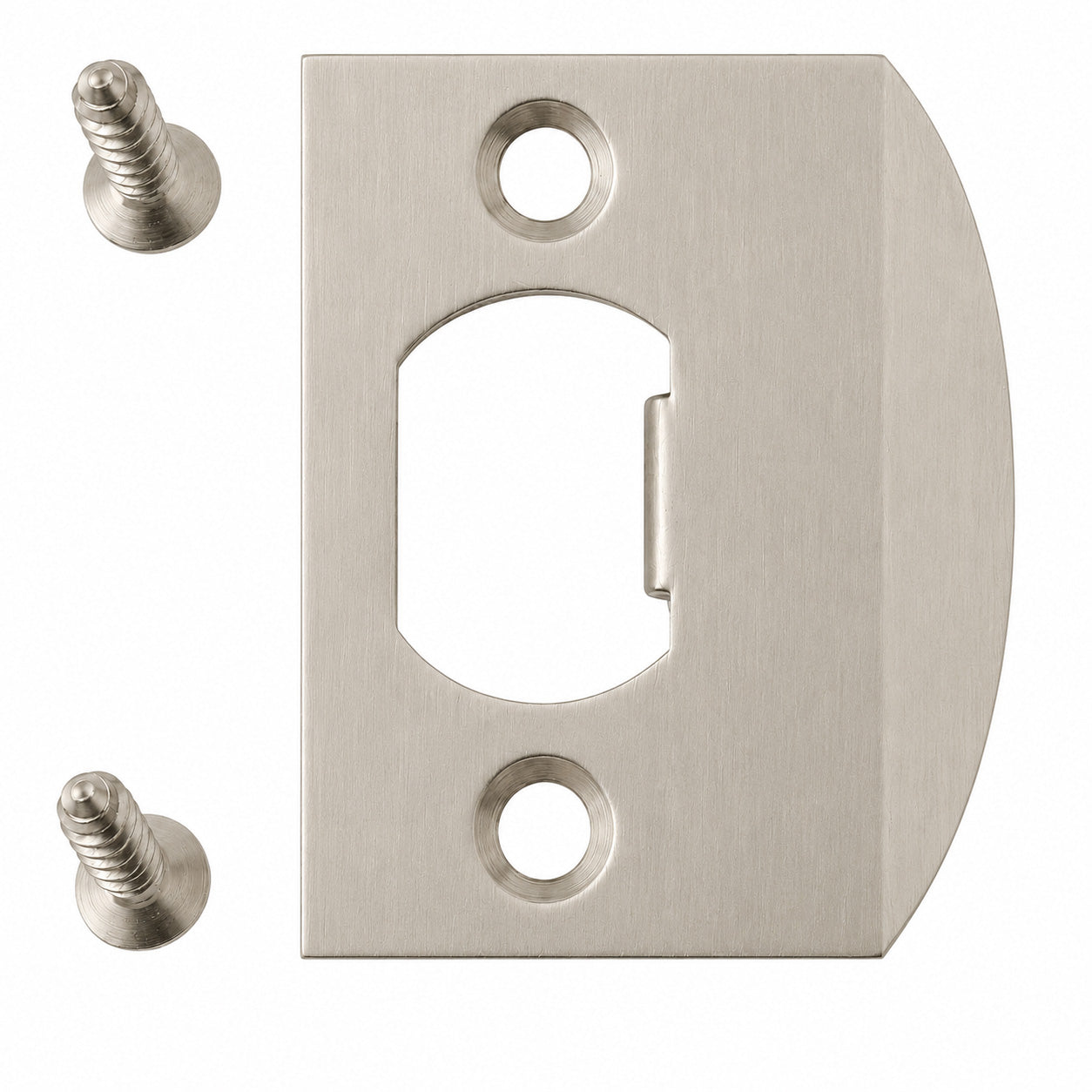 Emtek square corner standard size full lip strike shown in a satin nickel finish.