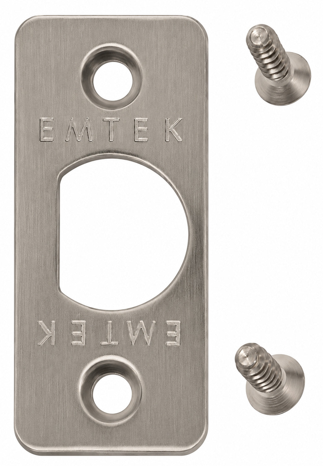 Emtek rounded corner latch faceplate shown in a satin nickel finish with included screws.