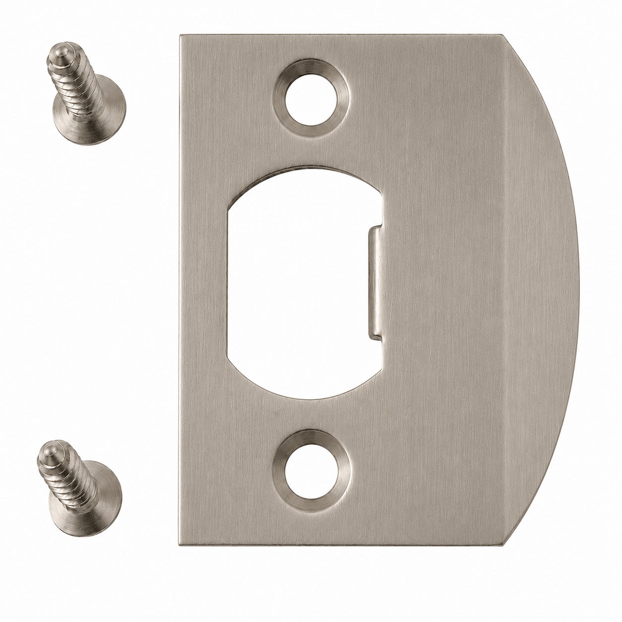 Emtek square corner standard size full lip strike shown in a pewter finish.