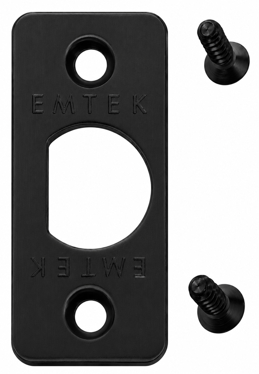 Emtek rounded corner latch faceplate shown in a flat black finish with included screws.