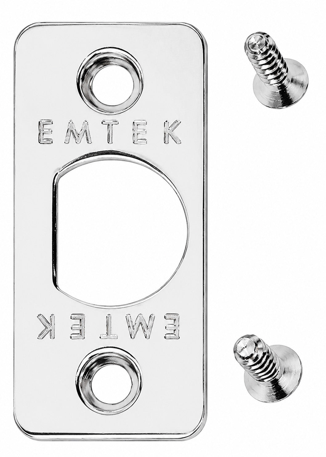 Emtek rounded corner latch faceplate shown in a polished chrome finish with included screws.
