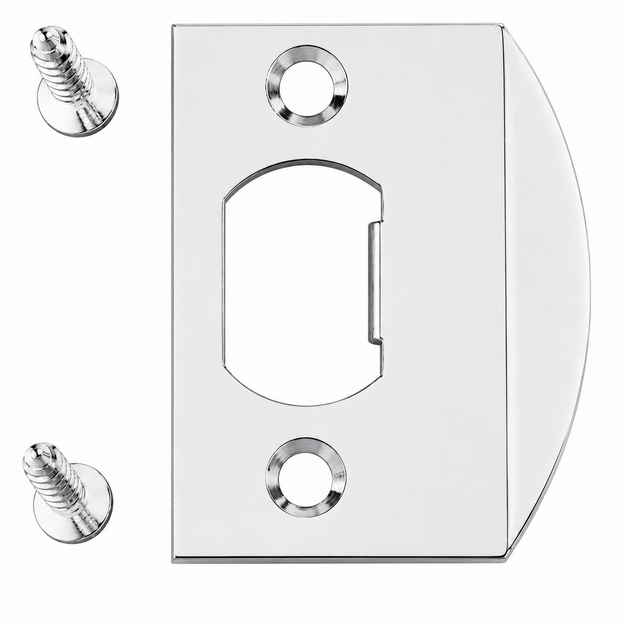 Emtek square corner standard size full lip strike shown in a polished chrome finish.