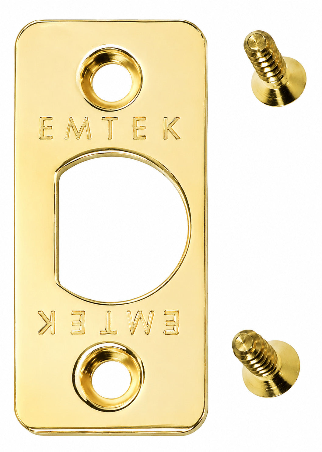 Emtek rounded corner latch faceplate shown in a polished brass finish with included screws.