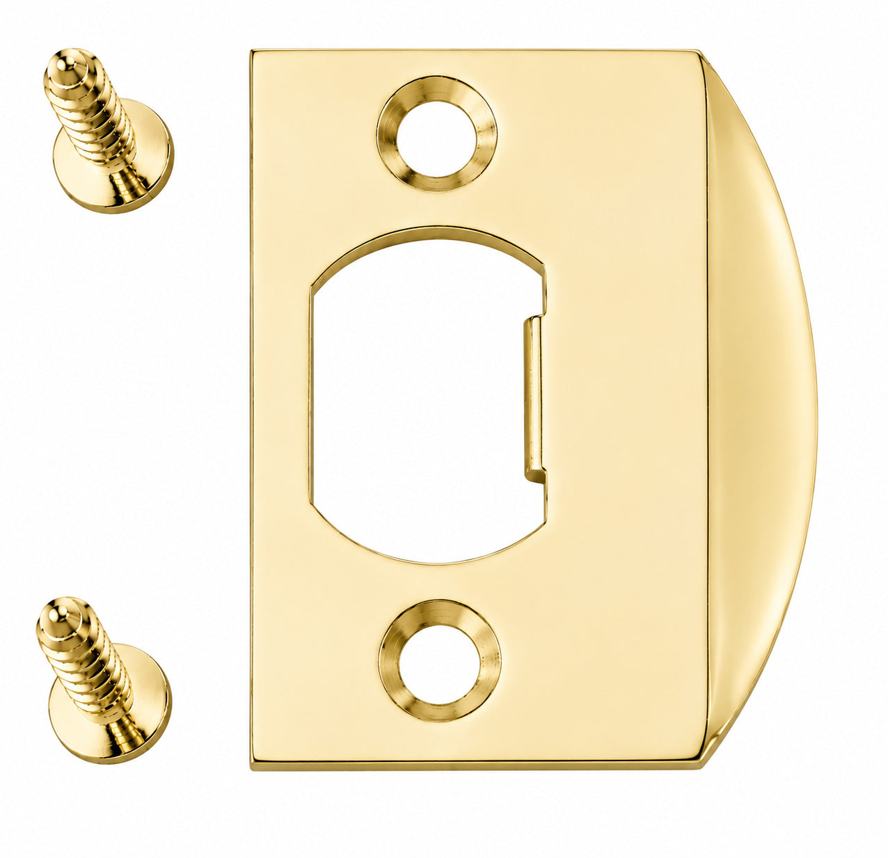 Emtek square corner standard size full lip strike shown in a polished brass finish.